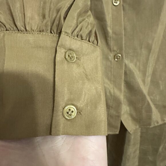 Quince Silk Blend Button Up Blouse M Oversized Office Siren Olive Gold LS - Picture 5 of 6